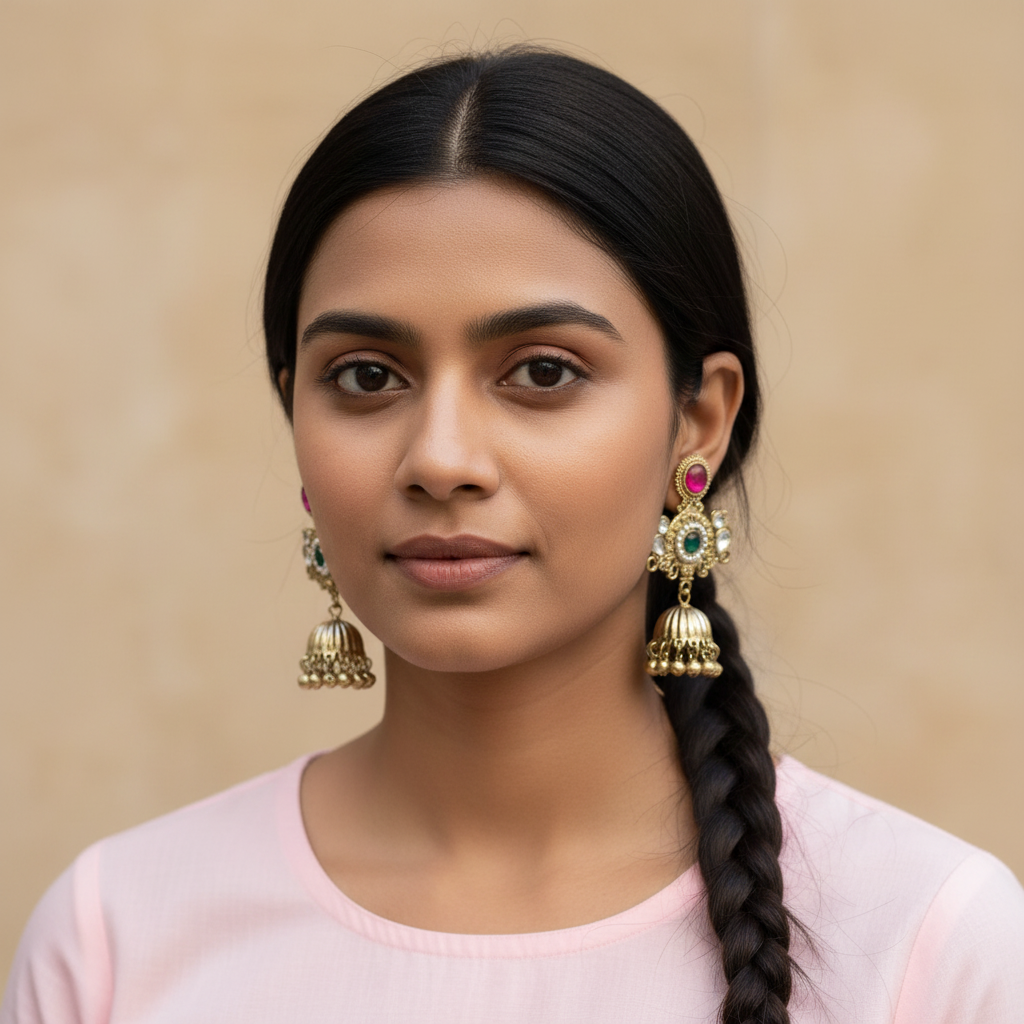 Royal Kundan Pearl Jhumka Earrings with Ruby & Emerald Accents-Stainless steel