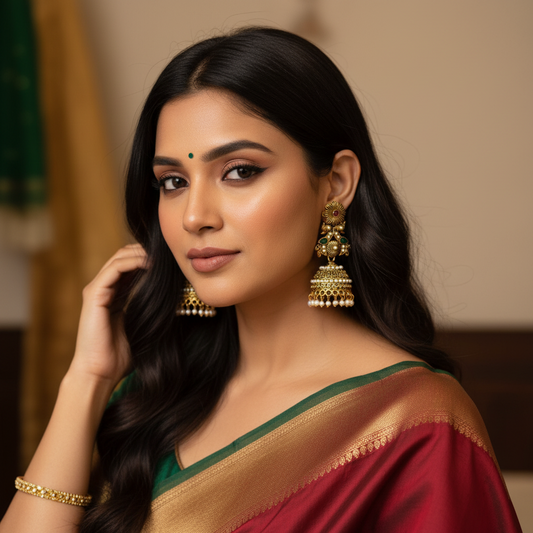 Royal Antique Gold Floral Jhumka Earrings with Pearl & Kundan Detailing-Stainless steel