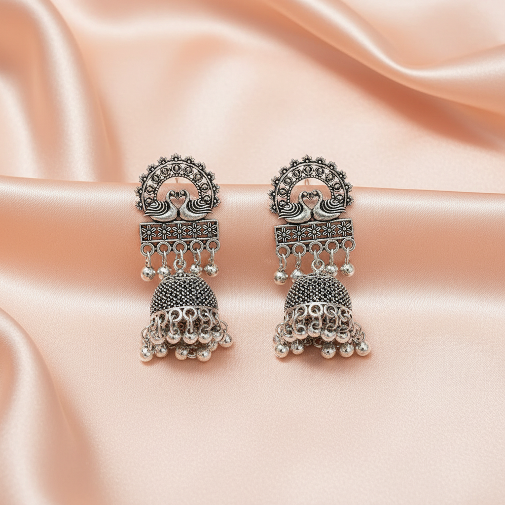 Peacock Oxidised Silver Jhumka Earrings with Intricate Detailing