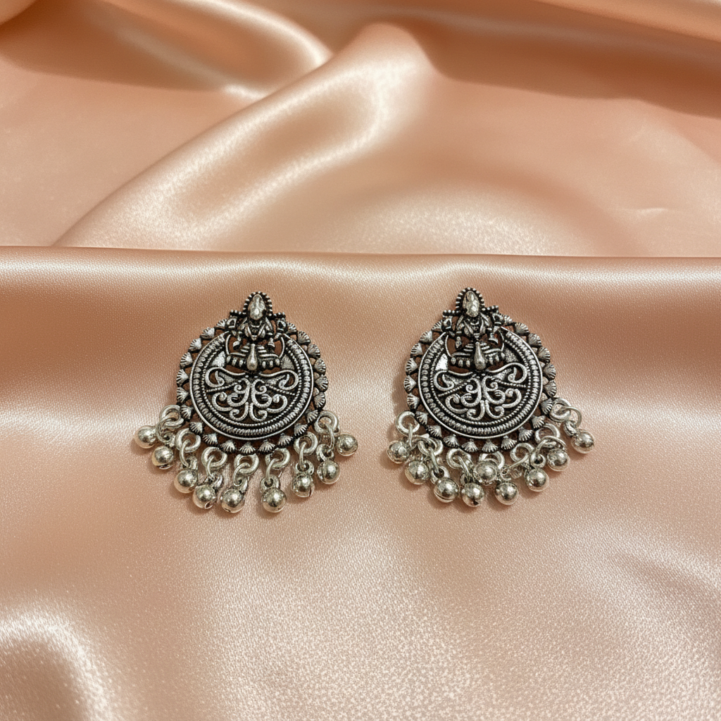 Oxidised Silver Goddess Chandbali Earrings for Women – Temple Ethnic Design