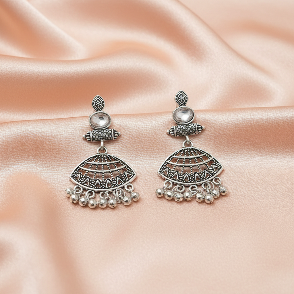 Oxidised Silver Fan-Shaped Statement Earrings with Stone Detailing