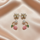 Elegant Pearl & Floral Stud Earrings Set – Gold Finish