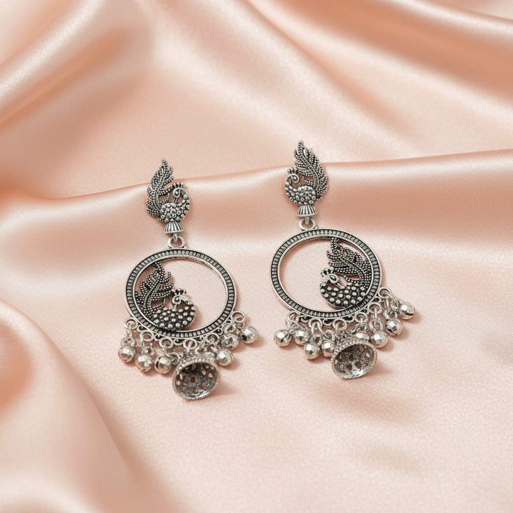 Traditional Peacock Oxidised Silver Chandbali Earrings