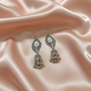 Leaf Motif Oxidised Silver Jhumka Earrings with Enamel Detailing