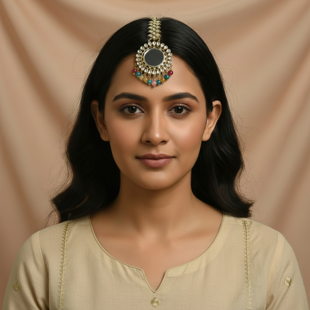 Golden Mirror Statement Earrings with Mangtika with Pastel Beads- Stainless steel