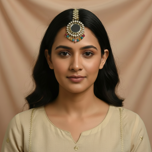 Golden Mirror Statement Earrings with Mangtika with Pastel Beads- Stainless steel