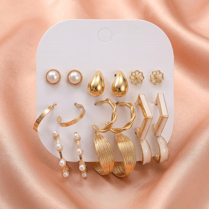 Gold & Pearl Hoop Earrings Set (9Pairs) – Trendy Multi-Style Combo