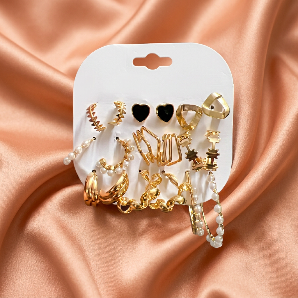Gold & Pearl Hoop Earrings Set (9Pairs) – Trendy Multi-Style Combo
