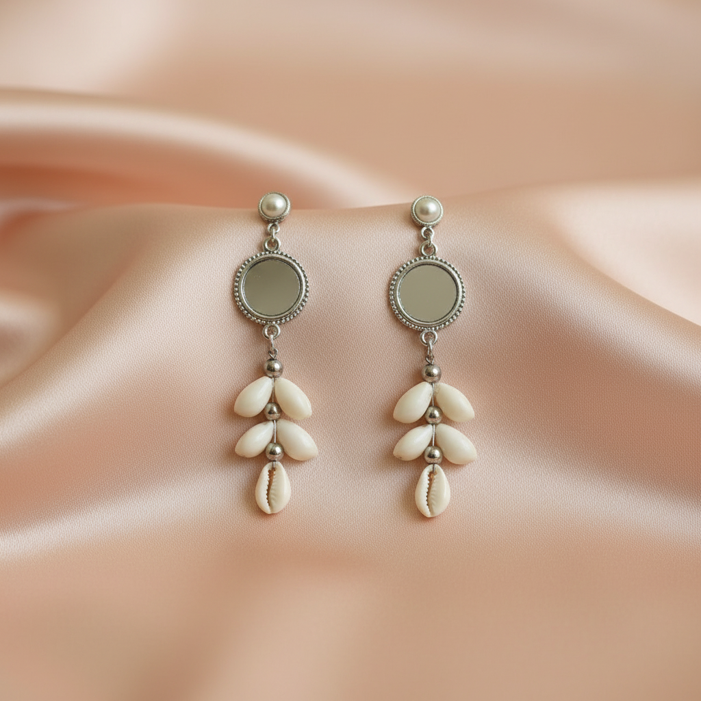Boho Shell Drop Earrings with Silver Mirror Accent-Stainless Steel