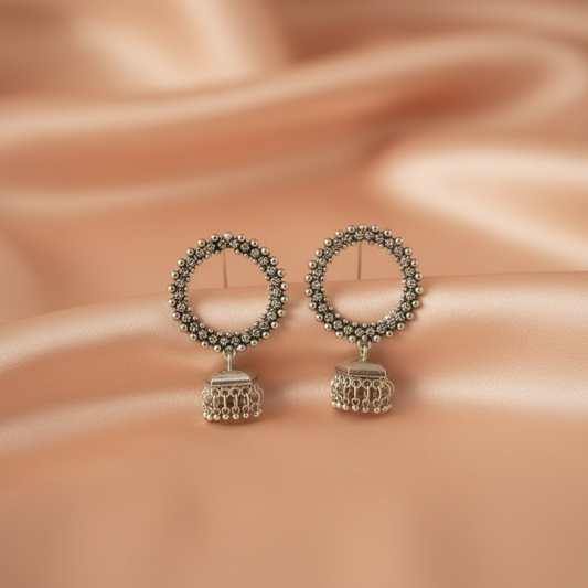 Traditional Silver Beaded Hoop Jhumka Earrings