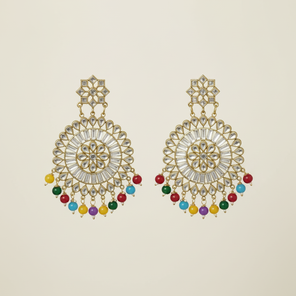 Royal Kundan Multicolor Statement Circular Earrings- Stainless Steel