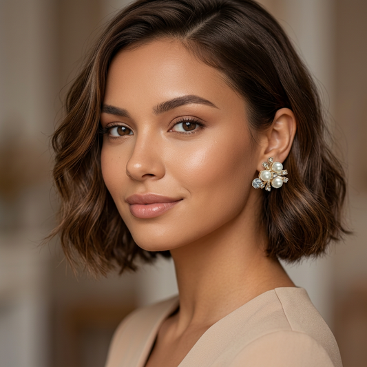Floral Pearl & Crystal Statement Earrings – Elegant Gold Finish