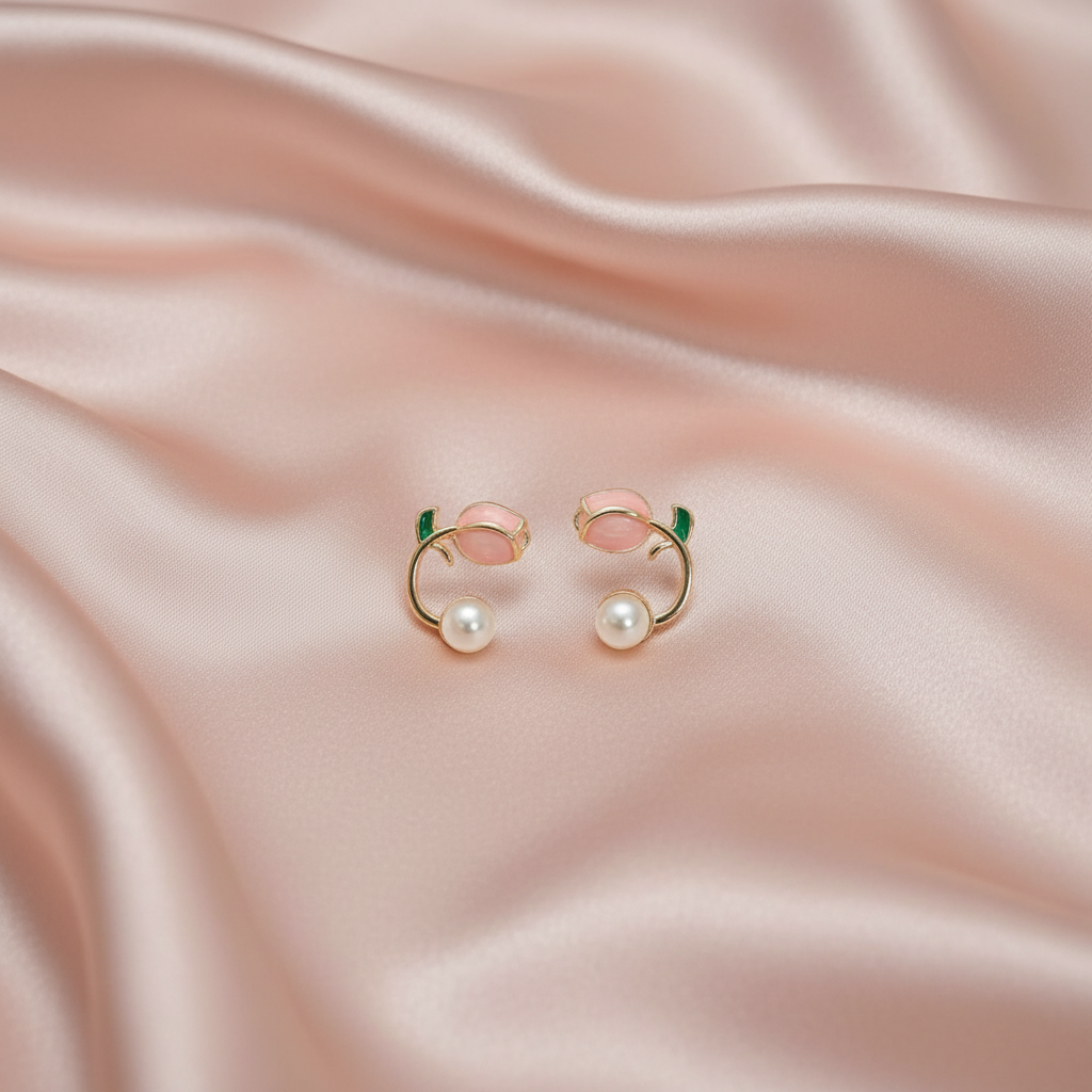 Elegant Pearl & Rose Hoop Earrings – Gold Finish