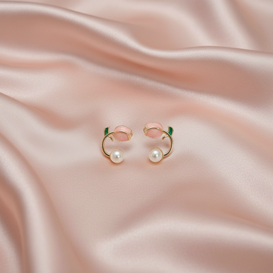Elegant Pearl & Rose Hoop Earrings – Gold Finish | BME
