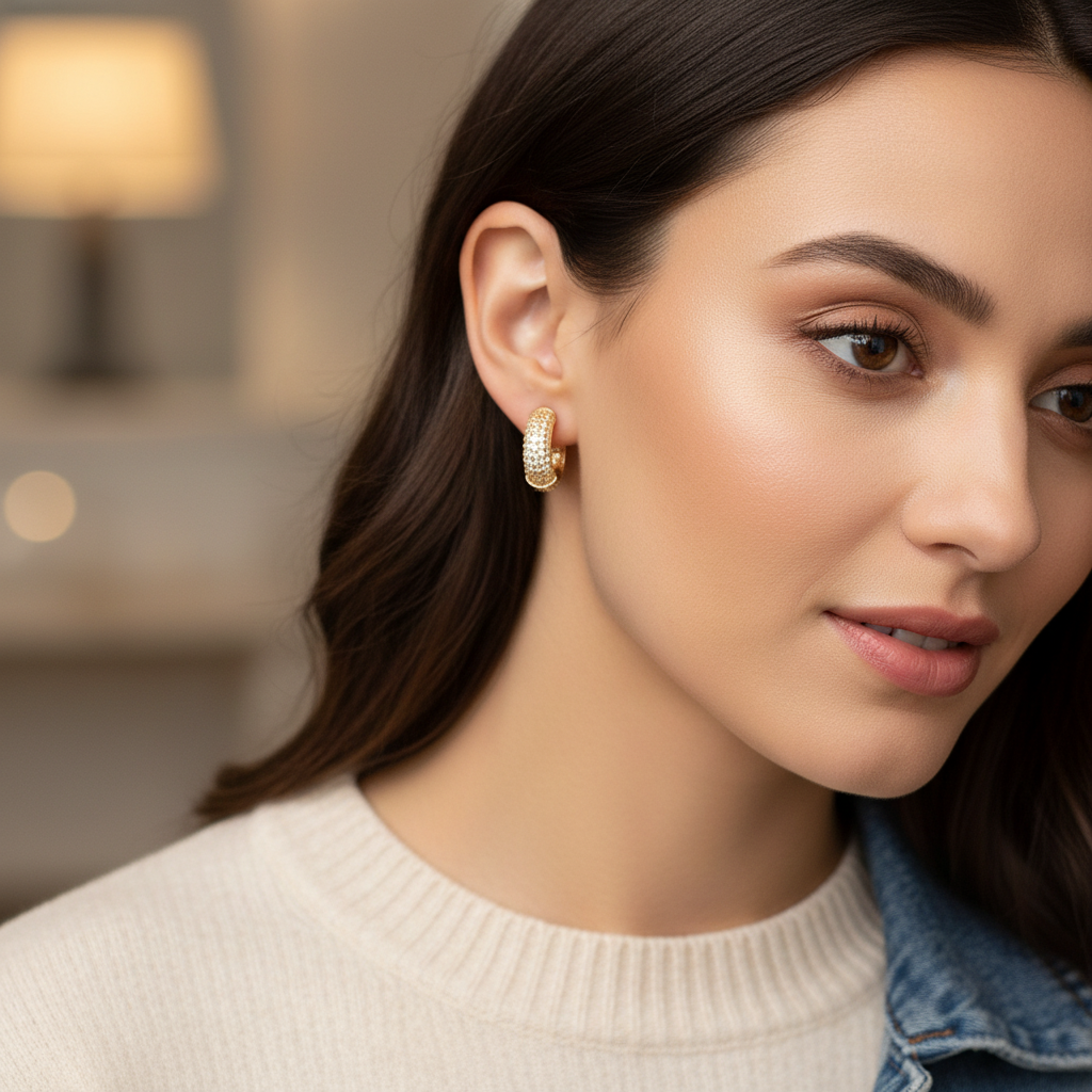 Textured Gold Huggie Earrings for Women – Minimal Everyday Hoops- American Diamond