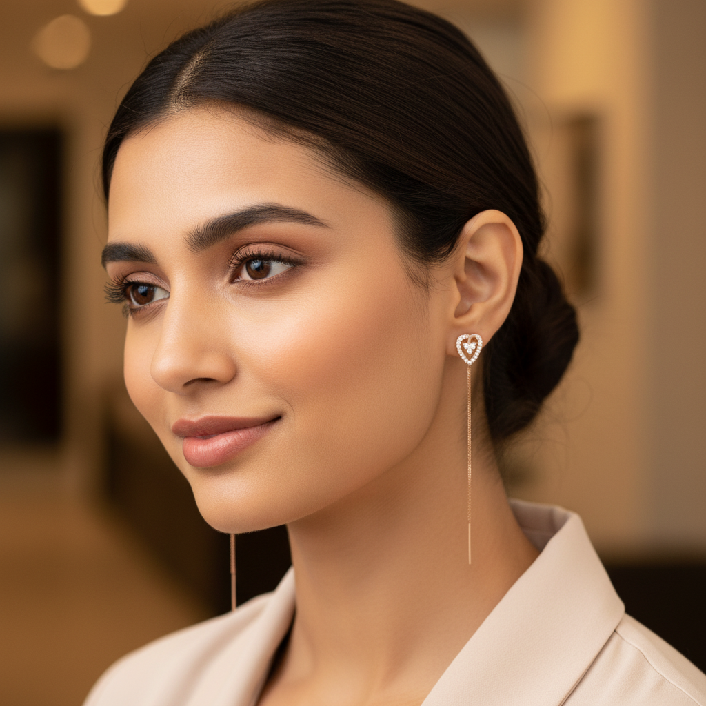 Heart Crystal Threader Earrings for Women – Elegant Long Chain Design- American Diamond