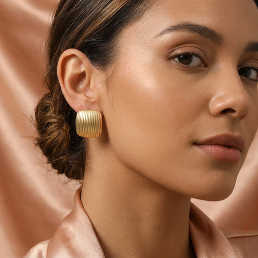 Gold Ribbed Statement Bold Stud Earrings – Stainless Steel