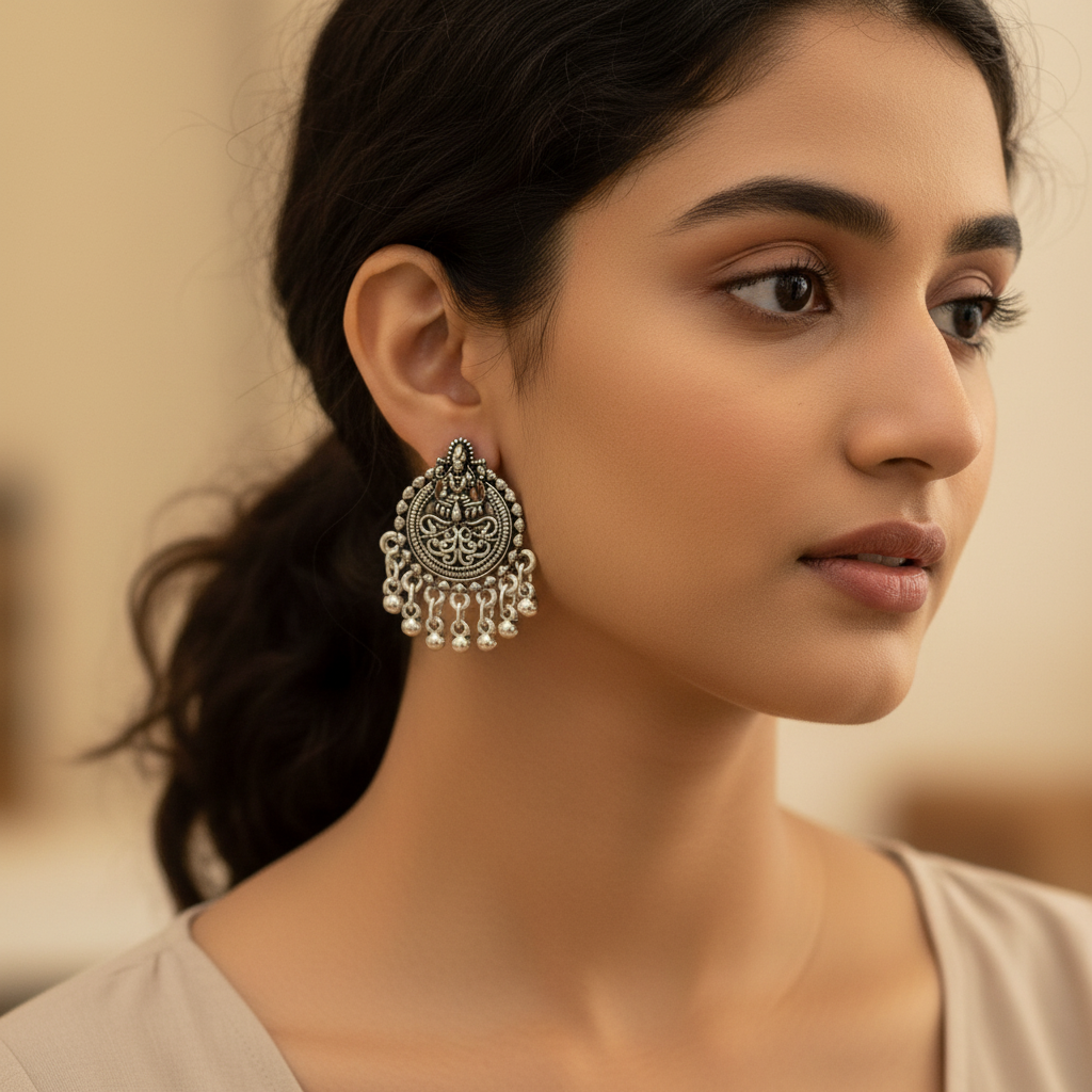 Oxidised Silver Goddess Chandbali Earrings for Women – Temple Ethnic Design