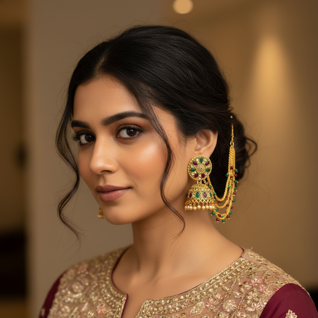 Royal Kundan Jhumka Earrings with Beaded Chains & Multi-Stone Detailing-Stainless steel