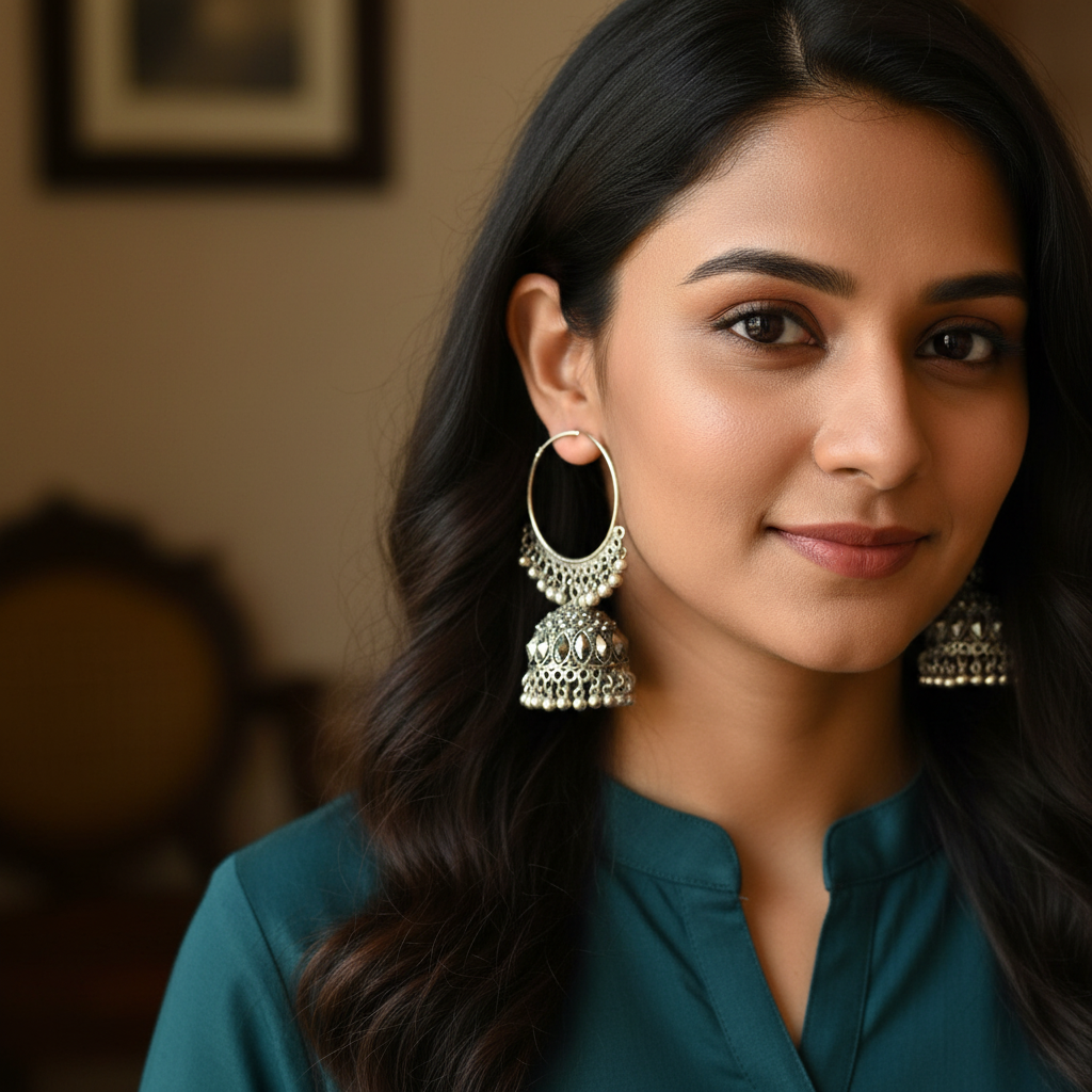 Oxidized Silver Hoop Jhumka Earrings with Ghungroo Details-Stainless steel