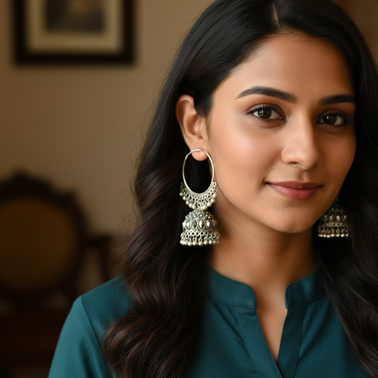 Oxidized Silver Hoop Jhumka Earrings with Ghungroo Details-Stainless steel