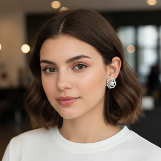 Elegant Pearl Swirl Stud Earrings – Silver Finish Statement Jewelry