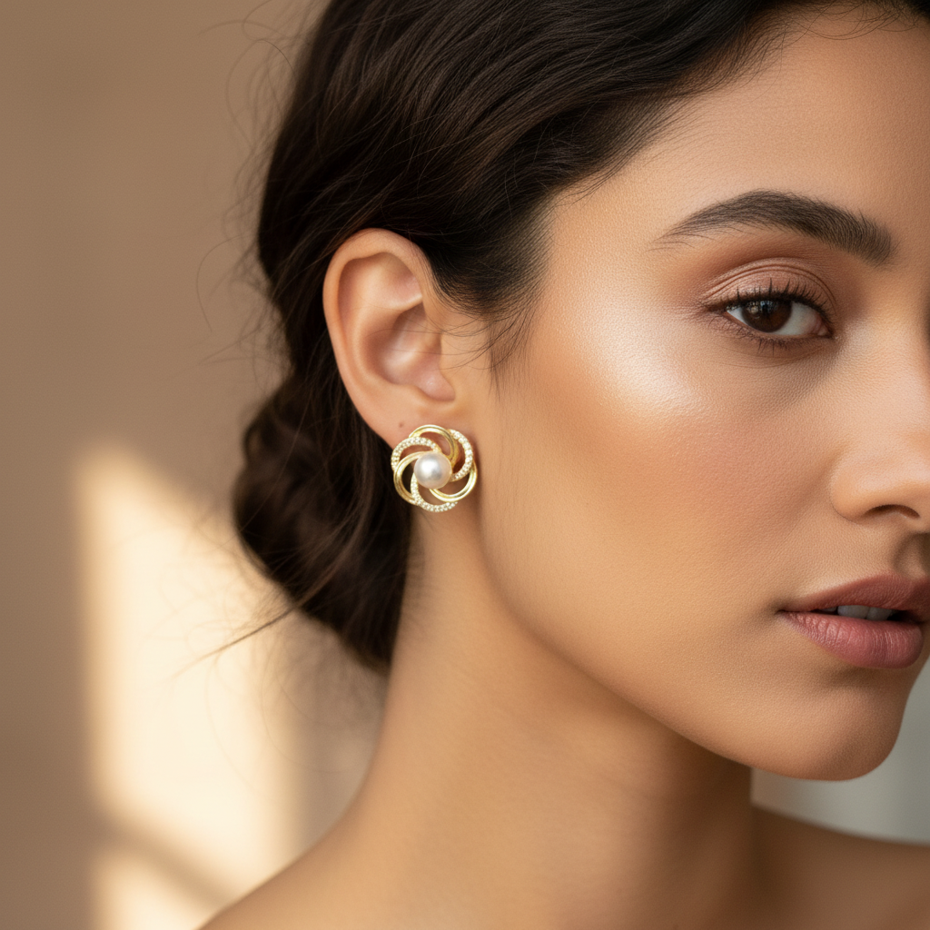 Elegant Pearl Swirl Stud Earrings – Silver Finish Statement Jewelry