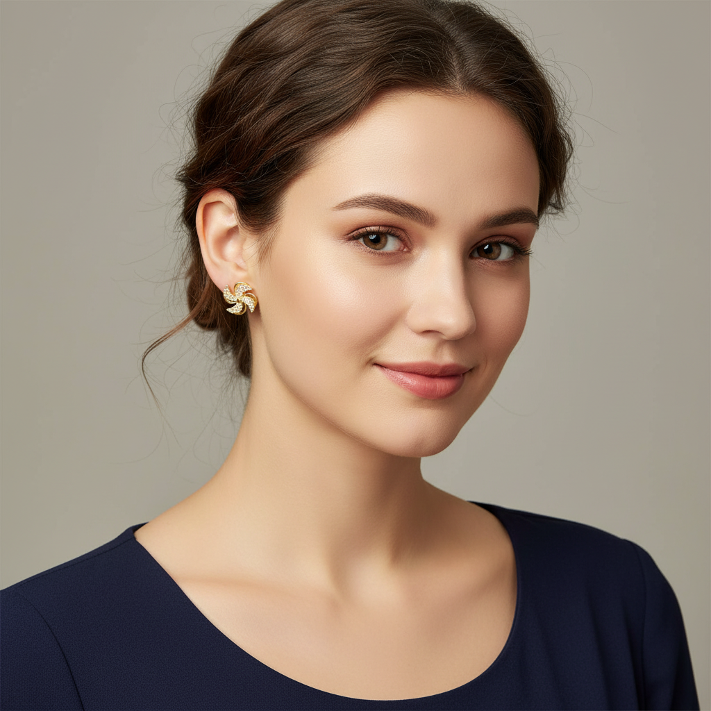Gold Spiral Crystal Stud Earrings – Statement Swirl Design