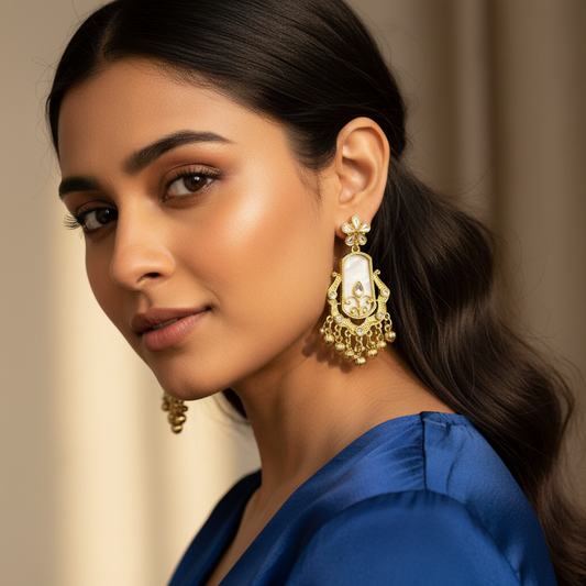 Floral Kundan Pearl Drop Statement Earrings- Stainless Steel