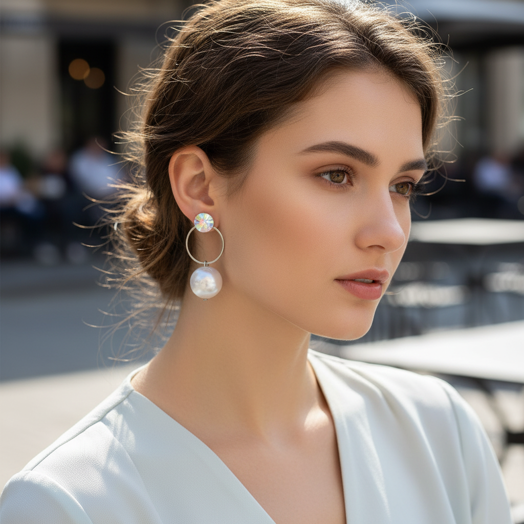 Crystal Stud Hoop Pearl Drop Earrings for Women – Modern Elegant Design