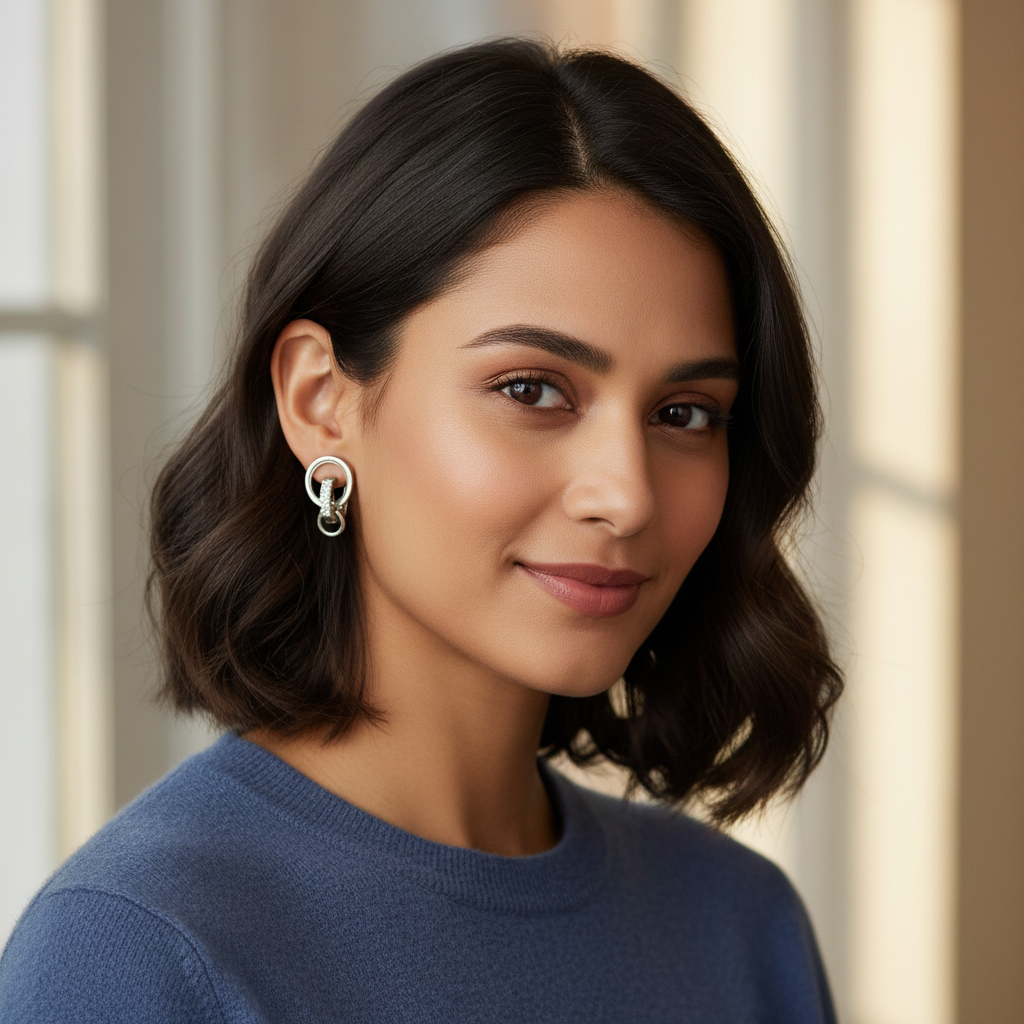 Minimal Crystal Link Earrings for Women – Modern Silver Statement Design- American Diamond