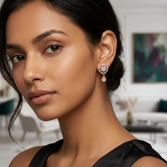 Gold CZ Diamond Drop Earrings – Elegant Statement Design-American Diamond