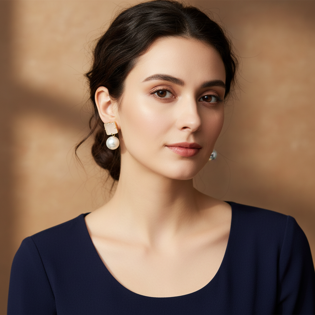 Chic Pearl Drop Earrings with Square Crystal Stud – Gold Finish