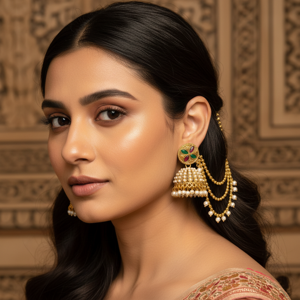Royal Kundan Jhumka Earrings with Beaded Chains & Multi-Stone Detailing-Stainless steel