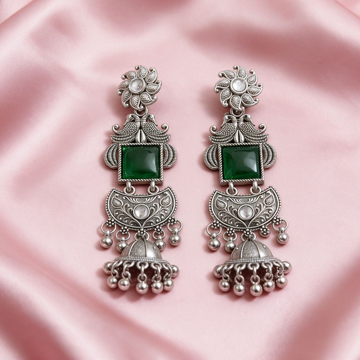 Oxidised Silver Stone Jhumka Drop Earrings