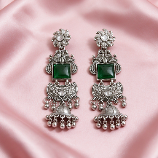 Oxidised Silver Stone Jhumka Drop Earrings