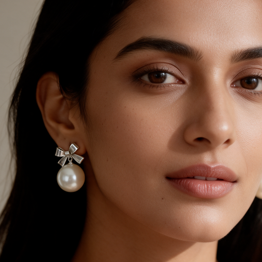 Pearl Bow Drop Stud Earrings