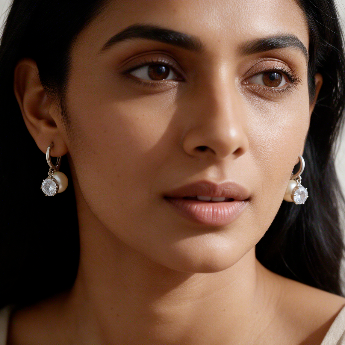 Silver Pearl & Crystal Charm Hoop Earrings