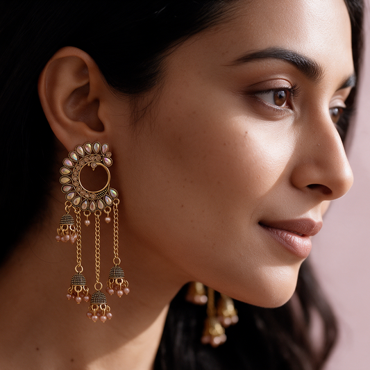 Antique Gold Chandbali Jhumka Tassel Earrings
