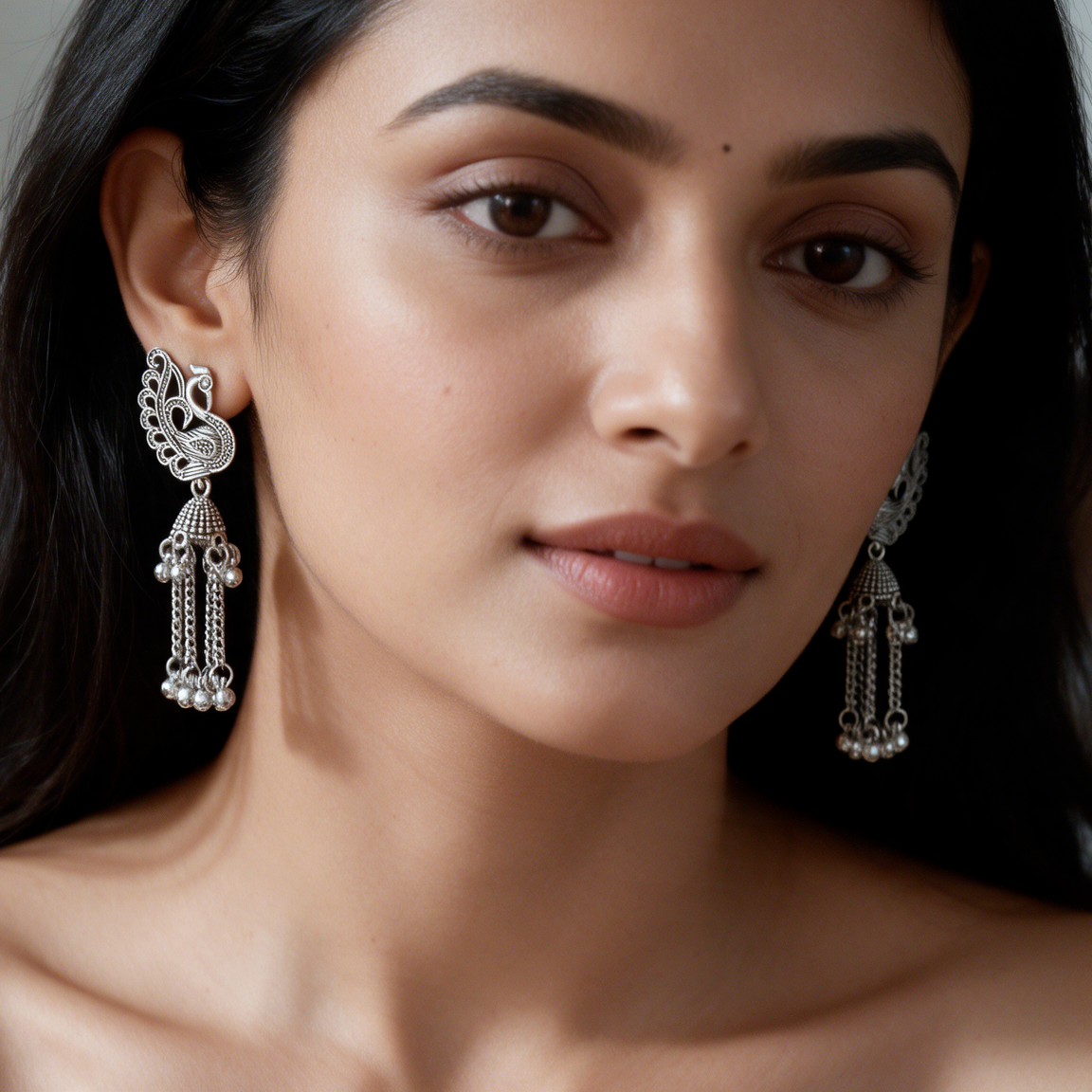 Oxidised Silver Peacock Chain Tassel Earrings