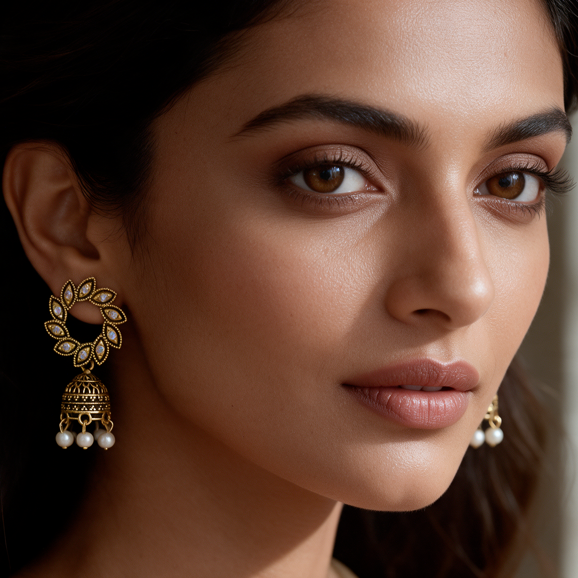 Antique Gold Leaf Crystal Jhumka Earrings