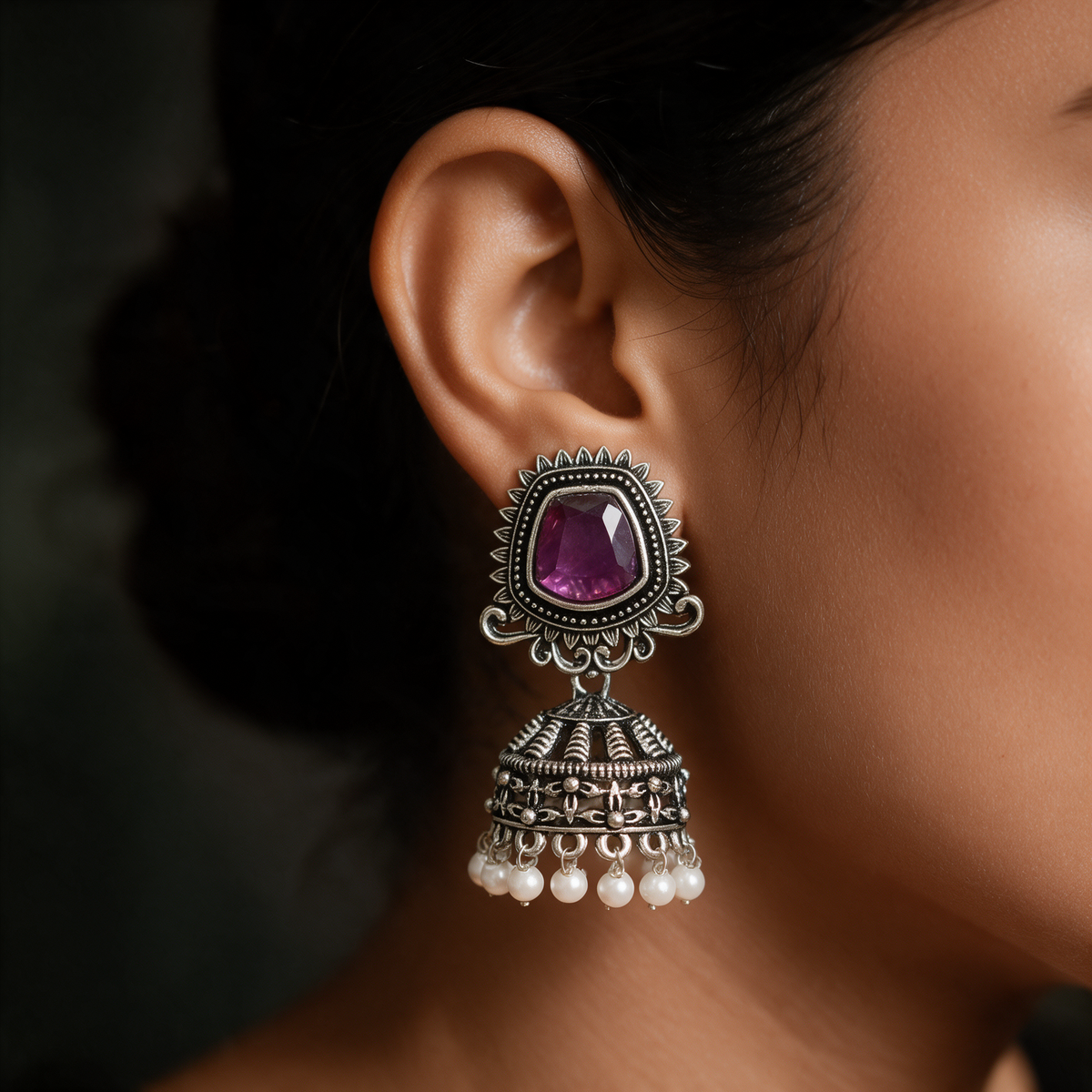 Oxidised Silver Jhumka Earrings