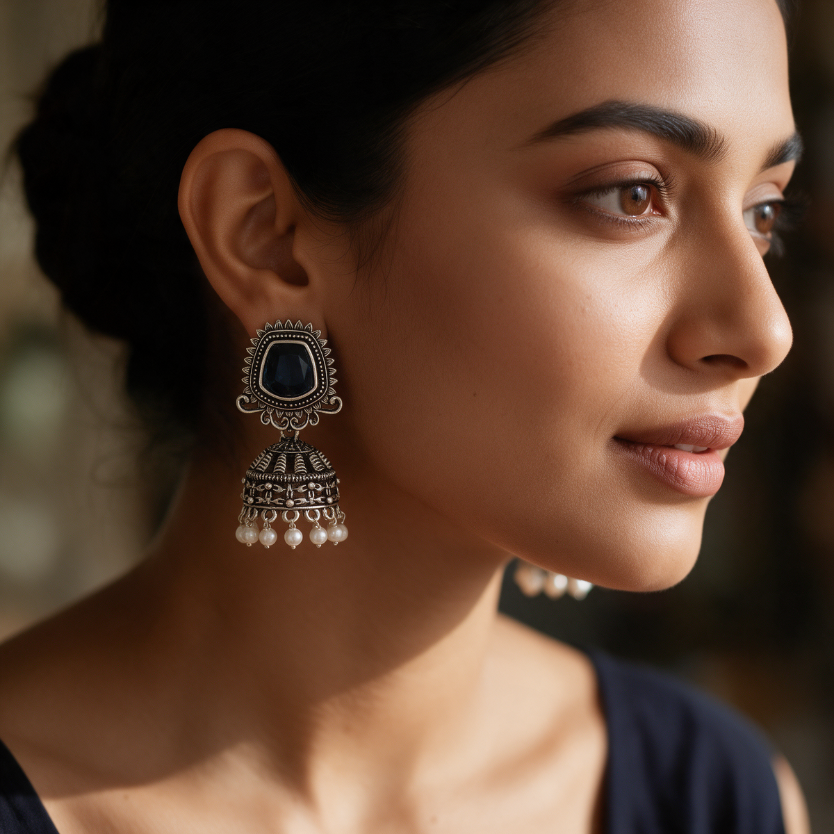Oxidised Silver Jhumka Earrings