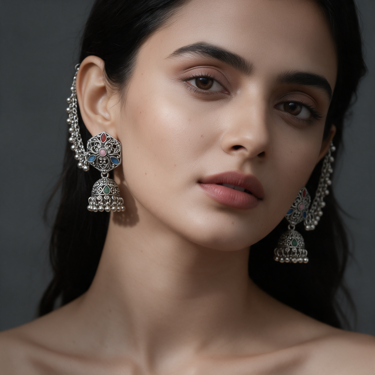Oxidised Silver Multicolor Jhumka Earrings with Chain