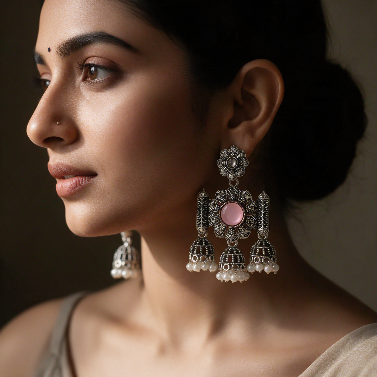 Oxidised Silver Floral Jhumka Earrings