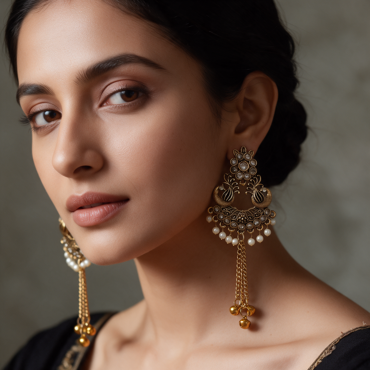 Antique Gold Peacock Pearl Drop Earrings