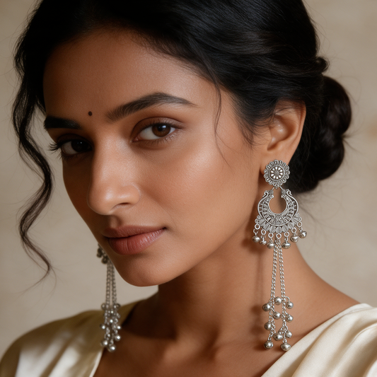 Oxidised Silver Chandbali Earrings with Ghungroo Chain Tassels