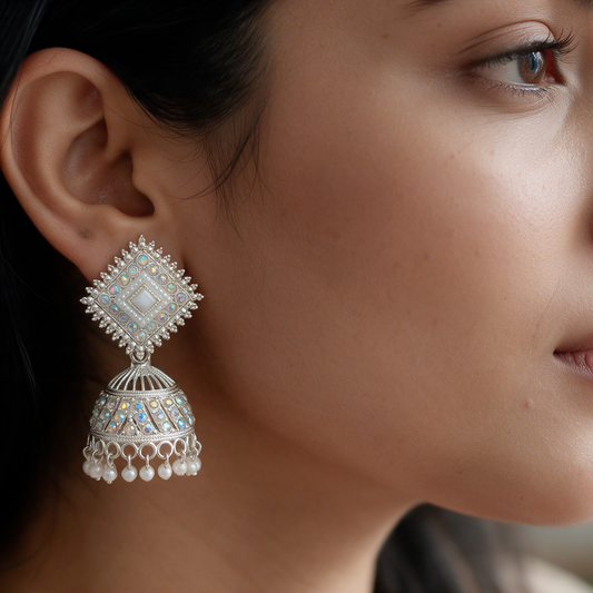 Silver Mirror Work Pearl Jhumka Earrings