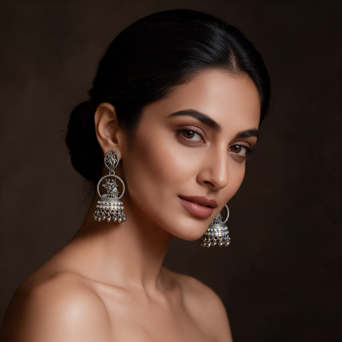 Radha Krishna Oxidised Silver Jhumka Earrings