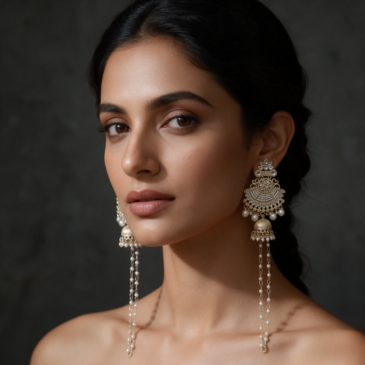 Pearl Kundan Chandbali Jhumka Earrings